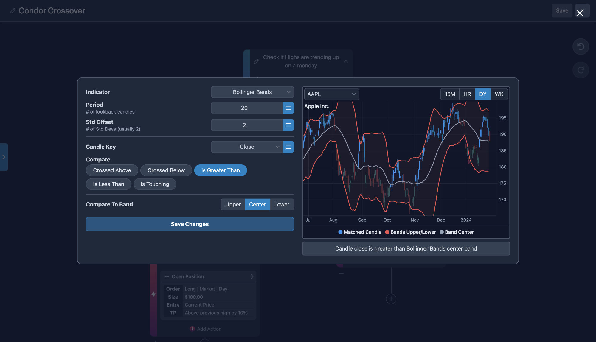 LuaTrade condition popup with bollinger bands chart preview 