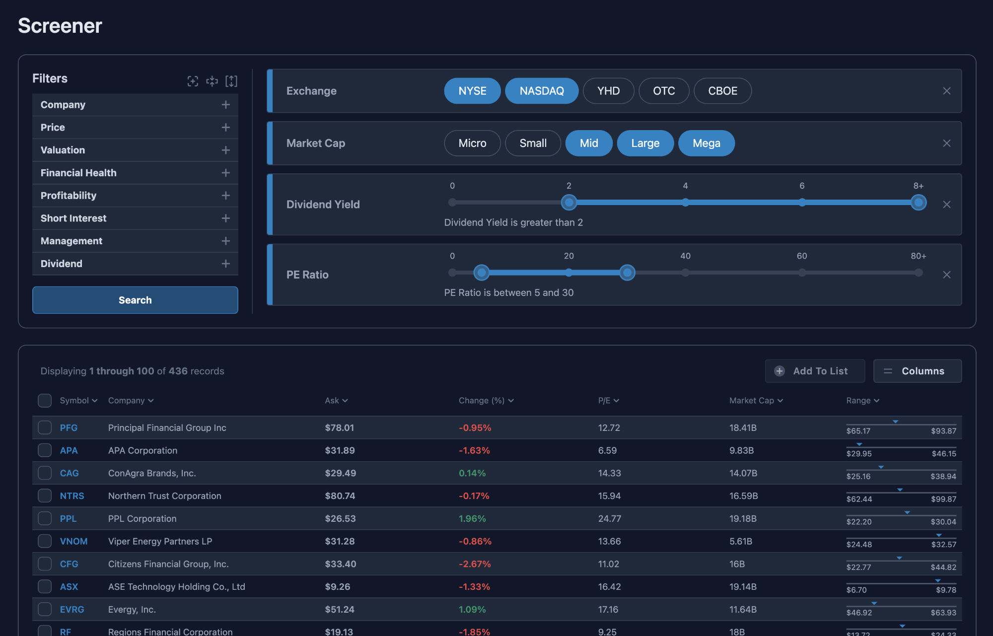 Stock Screener Filters and Results